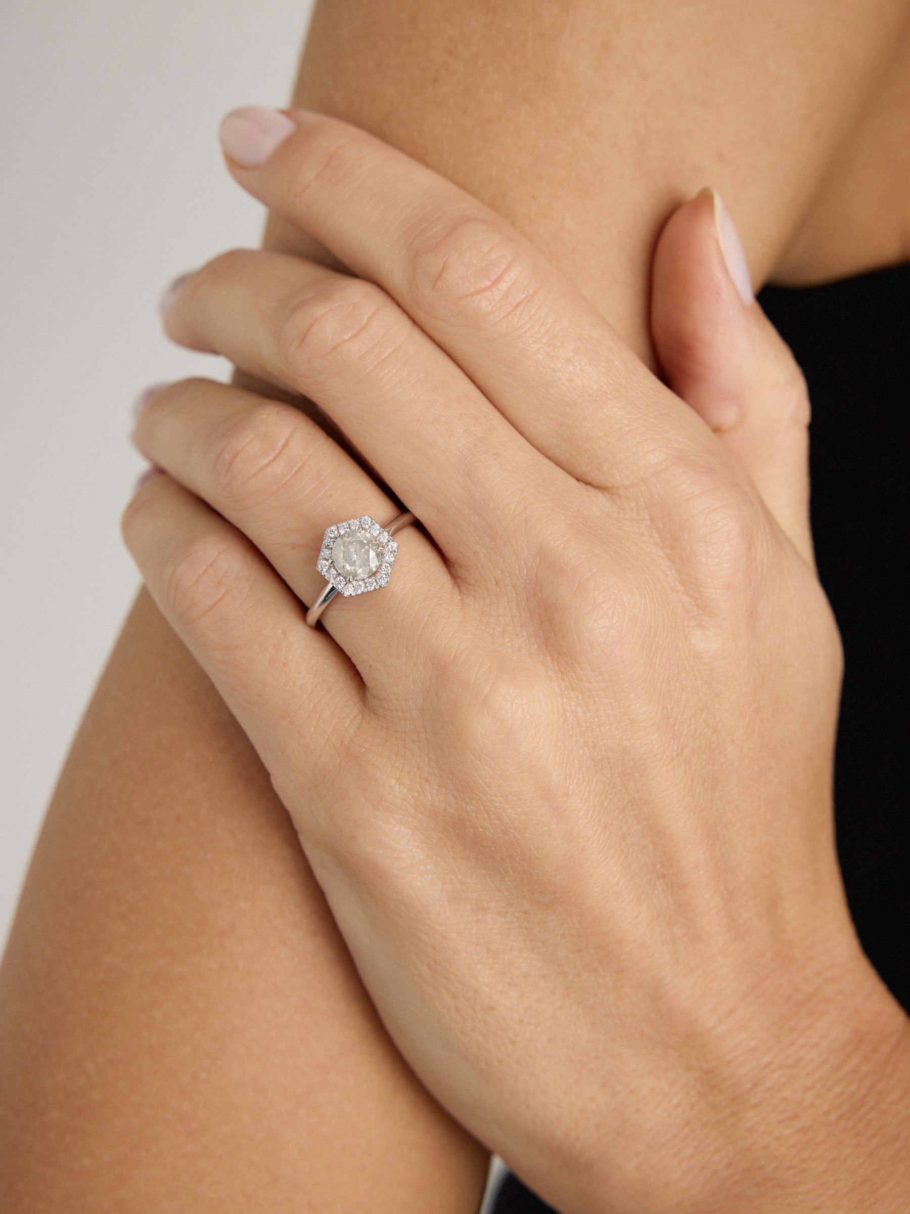 Lilith - Gray Diamond Hexagon Halo Ring