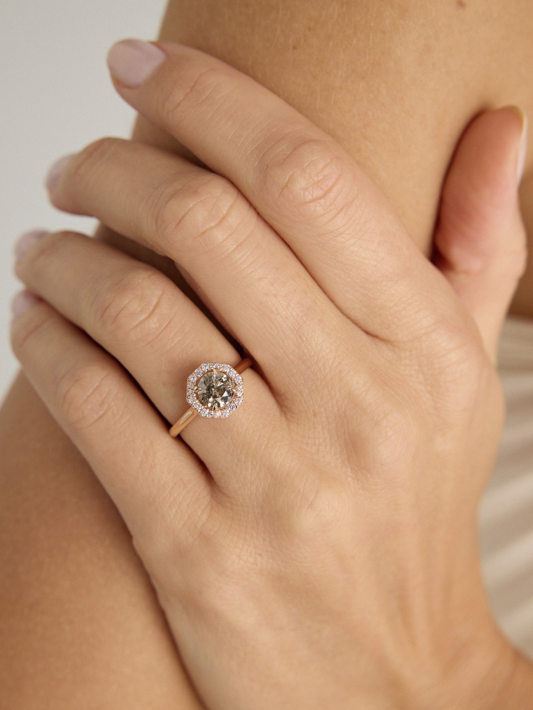 Maxine - Salt and Pepper Diamond Octagonal Halo Ring